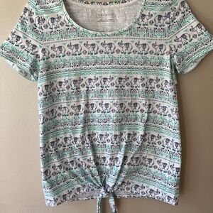 Talbots Sz XS Short Sleeve Blouse Pullover Blue Elephants Knot Tie Front Shirt